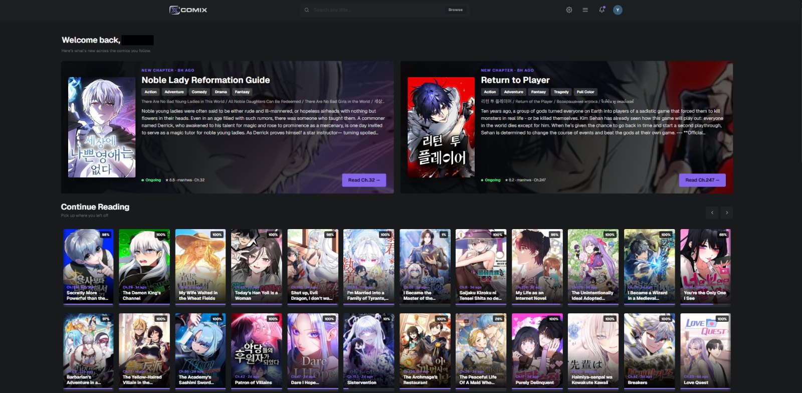 Custom Home with a hero spotlight, Your Reading stats and Continue Reading