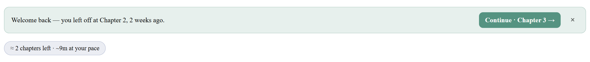 Welcome-back recap banner with a Continue button, and a catch-up estimate chip