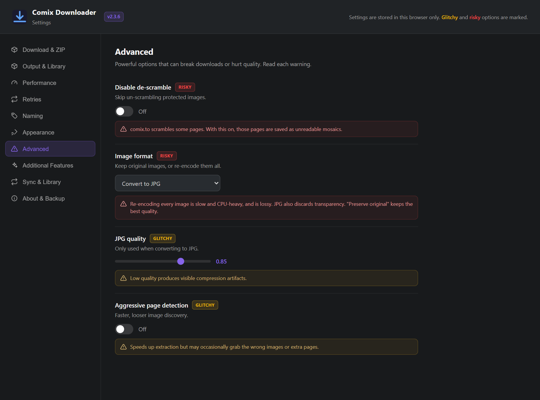 Settings page, Advanced tab with risk warnings