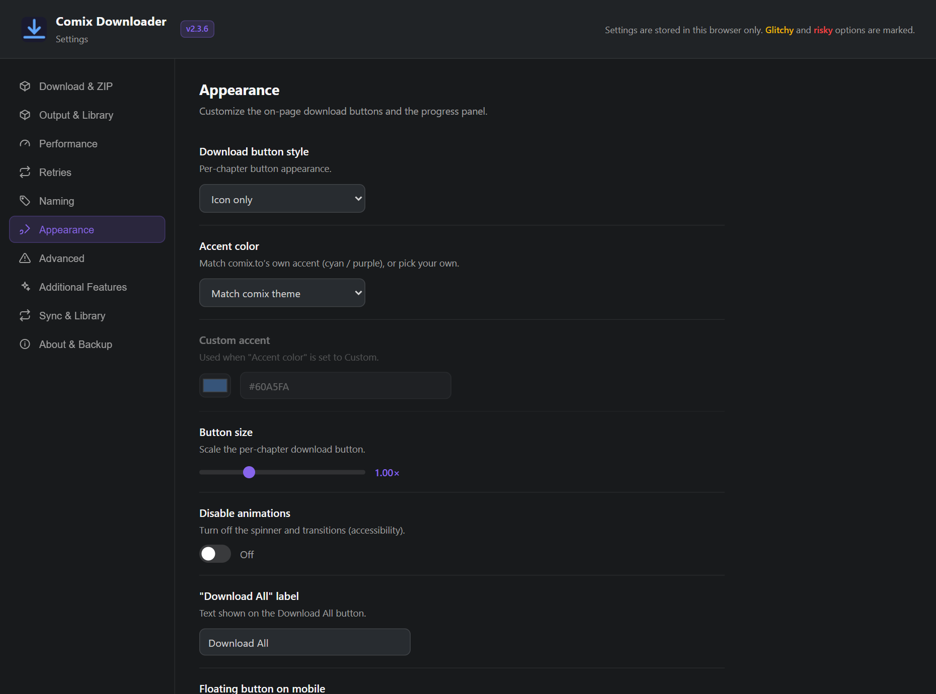Settings page, Appearance tab