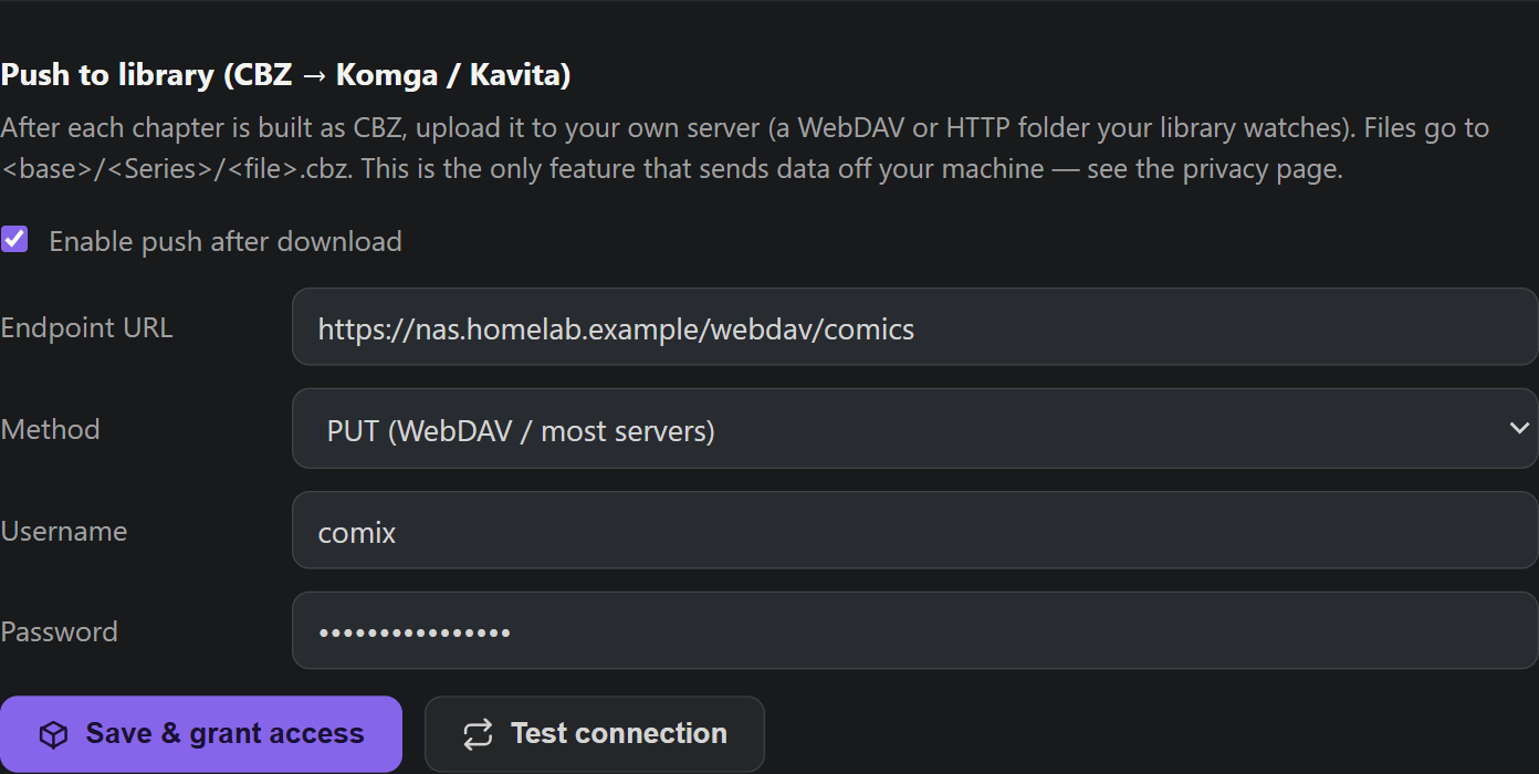 Push-to-library form filled with a WebDAV endpoint, PUT method, a username and password