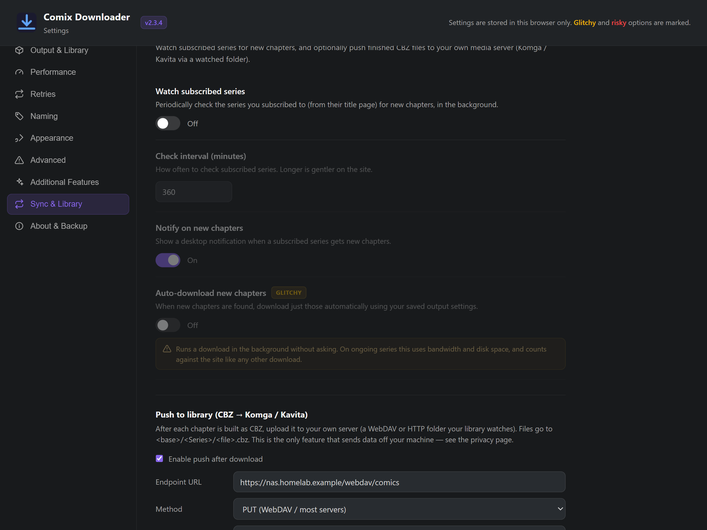 Settings page, Sync & Library tab: subscription checks and Push to library